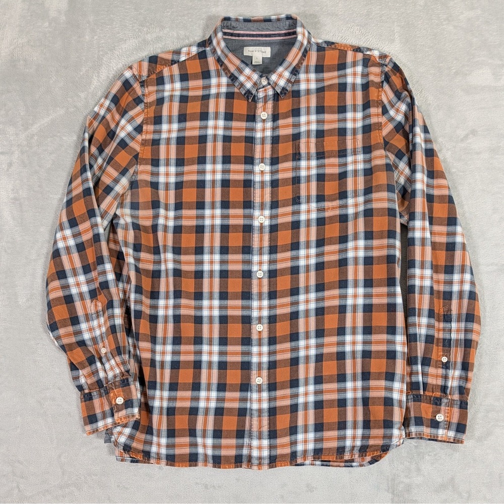 Sun & Stone Flannel Shirt Mens L Brown Blue Cotton Lightweight Casual Plaid